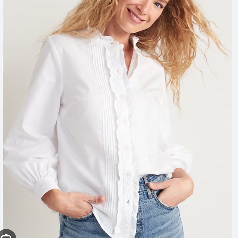Old Navy Ruffle-Trimmed Pintucked Collarless Tuxedo Shirt